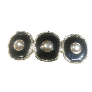 Tension Clip Hair Barrette Black Faux Pearls Party classic Design Gold Tone